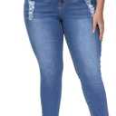 Womens Plus Size Skinny Jeans Stretchy High Waisted Ripped Distressed Ankle Jean (Blue-040)