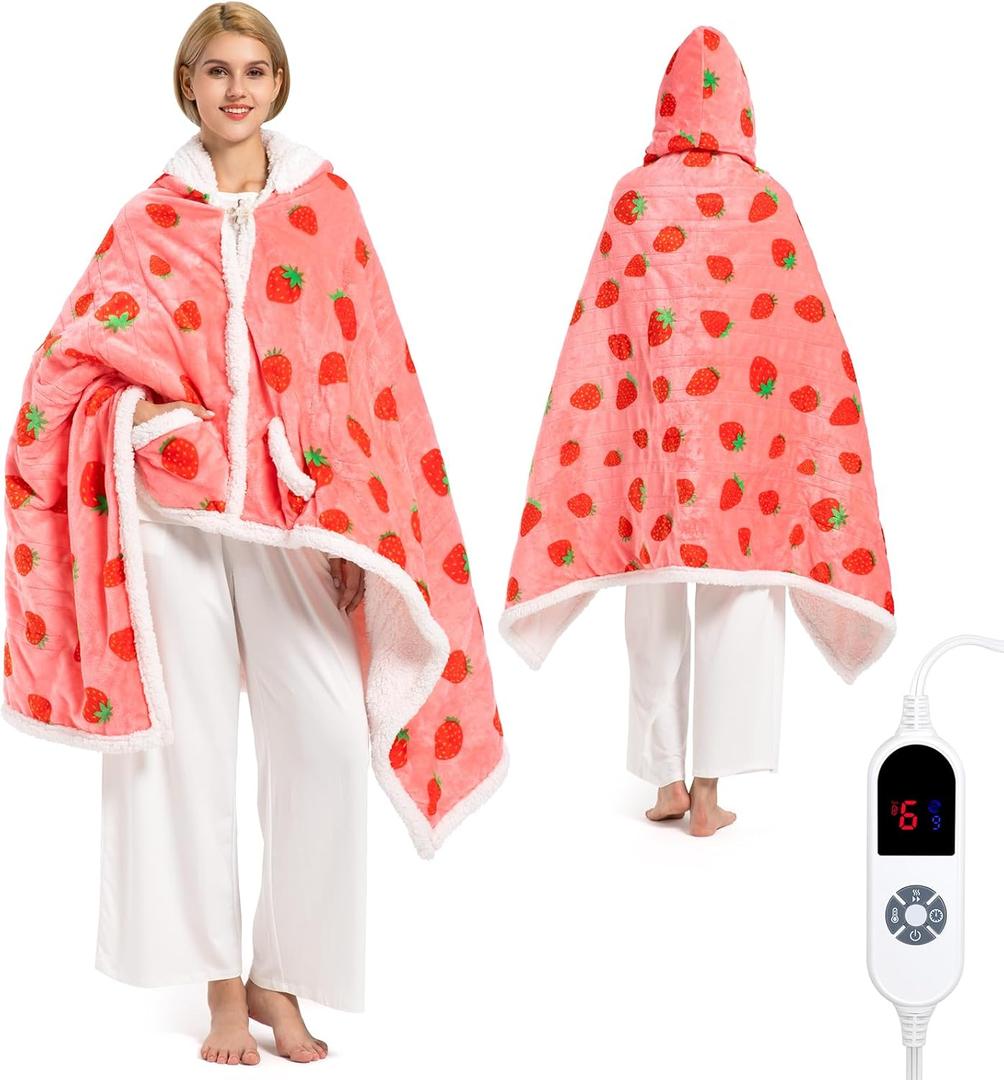 Wearable Heated Blanket Hoodie for Women, Valentines Day Gift for Her Wife Women, Electric Throw Blanket, Heated Shawl Wraps Poncho, Mothers Day Birthday Anniversary Day Gift, Strawberry Red
