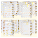 UNIQOOO 12PCS Metallic Gold Christmas Gift Bags Bulk with Tag, Large 12.5 x10.5 Inch, Assorted Snowflake, Reindeer, Xmas Tree Holiday Gift Wrap Paper Bag For Shirt, New Year Party Favor Gift Packaging
