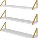 Wallniture Ponza White Floating Wall Shelves with Gold Color Metal Brackets, Living Room, Bedroom, Bathroom, Home Office Decor, Set of 3