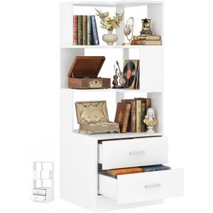 Corner Bookshelf with Drawers, Small Corner Shelf with Drawers | L Shaped Book Shelves with Drawers, 6-tier Bookcase for Bedroom Storage, Living Room, Home Office, Kitchen Pantry, White