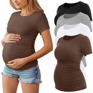 Huukeay 4 Pack Women's Maternity Shirts, Crew Neck Maternity Top Short Sleeve Casual Cotton Tee Side Ruched Pregnancy Clothes (X-Large, Black, White, Light Gray, Coffee)