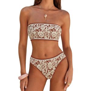 ZAFUL Bikini Set for Women Strapless Textured Bandeau Bikini Two Piece Swimsuit Lace up Bathing Suits (Brown, M)