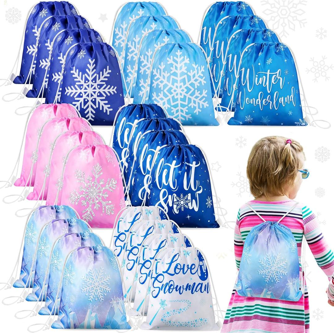 CHENGU Frozen Party Favors Bags for Winter Christmas Snowflake Kids Birthday Favor Drawstring Goodies Bags Wonderland Gift for Candy Boys Girls Themed Baby Shower Party Supplies(14 Pack)