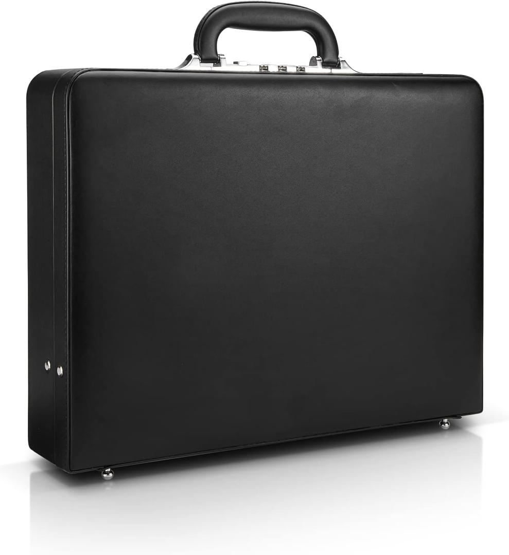 HAESTUS Leather Briefcase for Men with Combination Lock, Classic Hard Shell Attache Case in Black, Fits 16 Inch Laptop