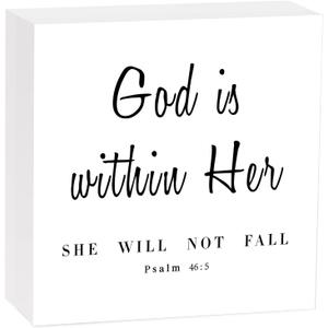 God is within Her Bible Verse Wooden Box Sign, Jesus Decor For Home Office Table Desk And Wall, Inspirational Gifts For Friends Family