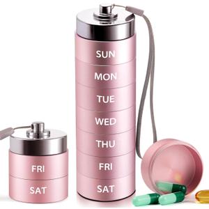 Metal Large Pill Organizer, Travel Weekly Pill Box, Portable Aluminum Alloy Waterproof Container, 7 Day Daily Medicine Organizer Holder for Vitamin, Fish Oil, Supplement Organizer, Pink