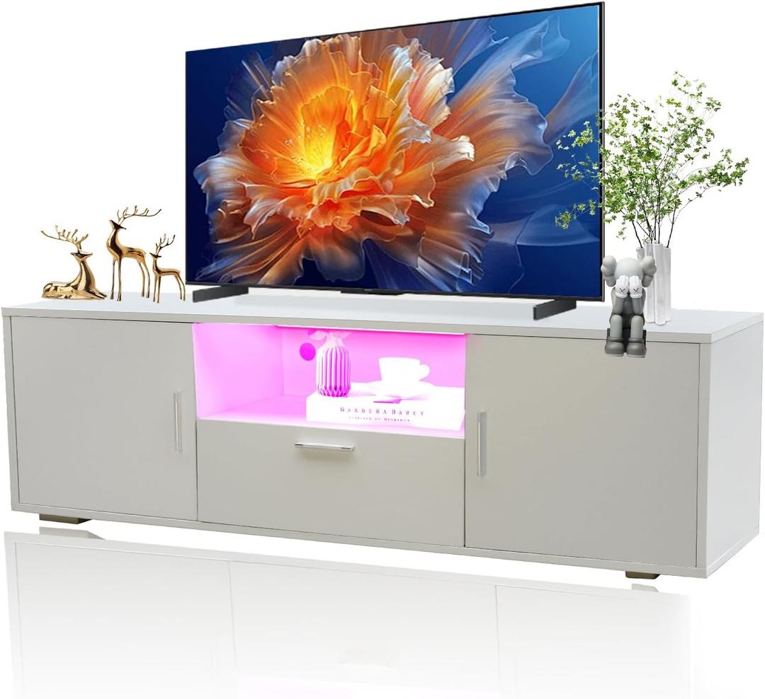 HOUAGI TV Stand for 55 Inch TVs, Modern LED Entertainment Center with Storage Cabinet and Open Shelf Console Table Storage Desk,TV Console Table for Living Room,Bedroom,White