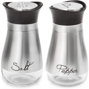 Lonffery Salt and Pepper Shakers Set, Salt Containers for Gifts, Kitchen Decor with Stainless Steel and Glass Bottle, Set of 2