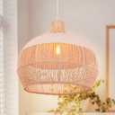 Arturesthome White Handwoven Rattan Boho Pendant Lighting Fixtures, Wicker Hanging Ceiling Light Chandelier, Handmade Woven Basket Lampshade for Kitchen Island, W 15.7" * H 13.7"