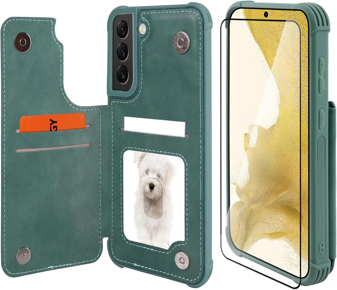 VANAVAGY Compatible for Galaxy S22+ Plus Wallet Case with RFID Blocking Card Holder, PU Leather Magnetic Clasp Kickstand Flip Phone Case Fits Car Mount for Women Men,Forest Green