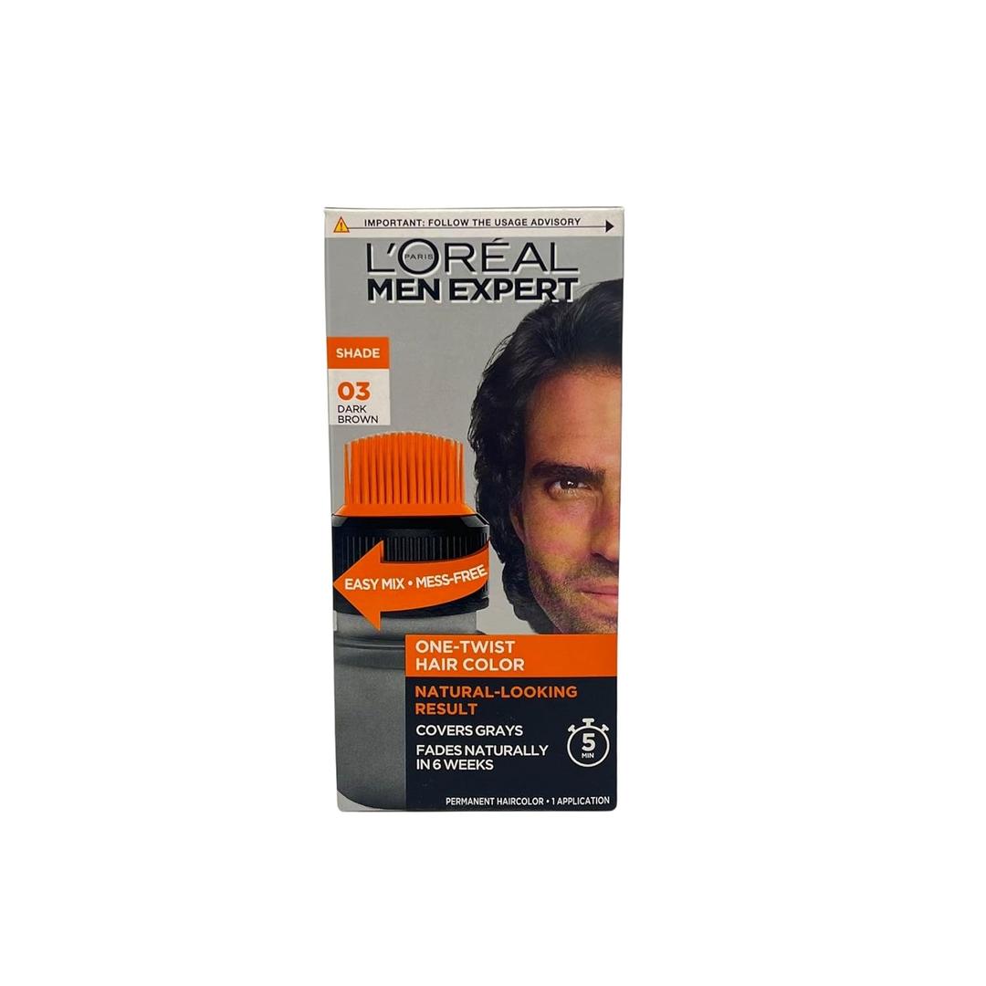 LOreal Paris Men Expert One Twist Mess Free Permanent Hair Color, Mens Hair Dye to Cover Grays, Easy Mix Ammonia Free Application, Dark Brown 03, 2 Application Kit