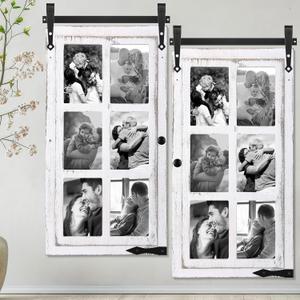 Sintuff 2 Sets Picture Frame Collage Fit 4x6 Photo Multi 6 Opening White Wooden Barn Door Window Farmhouse Picture Frame Collage for Living Room Bedroom Wall Decor