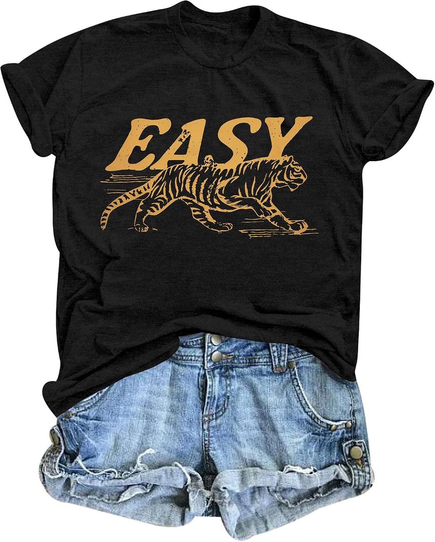Tiger Shirt Women Vintage Animal Graphic T-Shirt Casual Short Sleeve Crewneck Tee Summer Loose Fit Tops, X-Large, Black