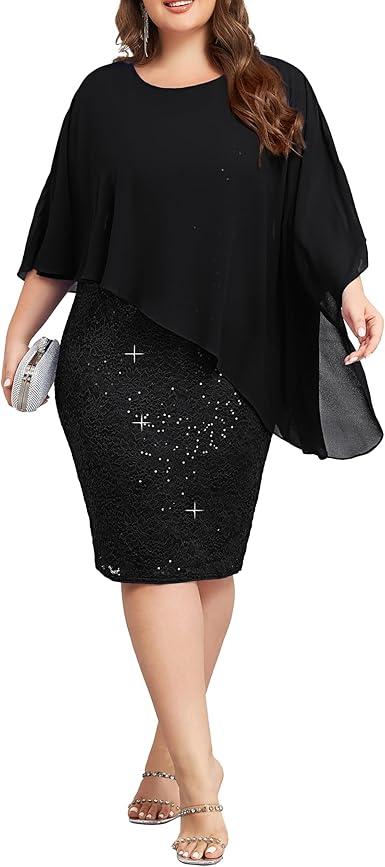 Hanna Nikole Women's Sleeveless Cape Dress with Chiffon Overlay Lace Sequin Bodycon Pencil Dress, 16W, Black
