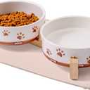 Dog Bowls with Wood Stand, 1.7 Cups Ceramic Puppy Bowls with Mat for Small Dog Weighted Water and Food Bowl Set for Dogs Cats, Non-Slip Pet Feeding Dish 13.5 Oz