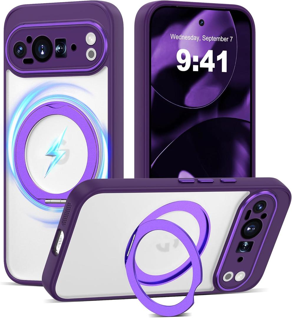Compatible with Google Pixel 9 Pro Case with 360 Magnetic Ring Stand [Compatible with Mag-Safe ] Shockproof Translucent Phone Case for Google Pixel 9 Pro 6.3 inches,Purple
