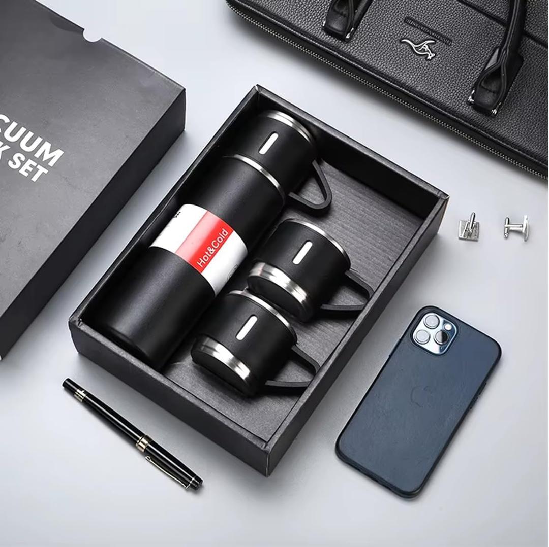 Stainless Steel Vacuum Flask Gift Set with 2 Sharing Cups & Gift Box — 500ml Double-Wall Insulated Bottle | 12H Hot, 24H Cold | Coffee & Tea Travel Mug | Father's Day Birthday Gift (Black)