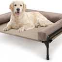 Veehoo Elevated Raised Dog Bed-Cooling Outdoor Dog Cot Bed for Large Sized Dogs Three-Sided Fence Raised Pet Cot with Mesh &No-Slip Feet Dog Hammock Bed with Removable Bolster-35 x 22" Beige Coffee