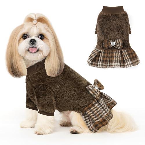 YUDODO Fleece Small Dog Sweater Dress with Bowtie, Female Winter Warm Dog Clothes, Princess Sweater Dress for Small Dogs Girl (Brown, S)