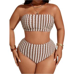 OYOANGLE Women's Plus Size 2 Piece High Waist Bikini Set Striped Bandeau Top Tummy Control Bathing Suits Swimwear (Brown, XXXL)