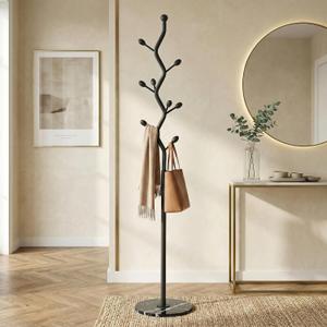 Black Freestanding Coat Rack & Tree Marble Base 9 Hooks