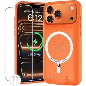 Battery Case for iPhone 17 Pro Max, 12000mAh Protective Charging Case with Wireless Charging Compatible with iPhone 17 Pro Max (6.9 inch) Rechargeable Battery Pack Charger Cover with Carplay (Orange)