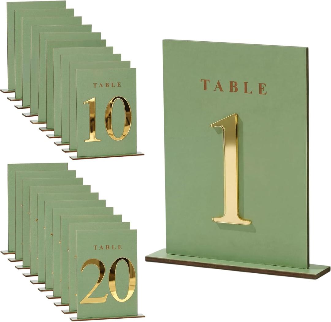 Geelin 20 Pcs Sage Green Wooden Wedding Table Numbers 1-20 with Stands Bulk Rustic Signs for Wedding Reception Bridal Shower Party Restaurant Seating Centerpieces