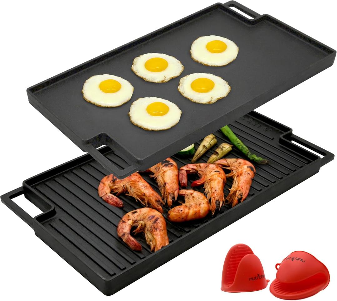 NutriChef Cast Iron Reversible Grill Plate, 18 Flat Skillet Griddle Pan for Stove Top, Gas Range Grilling Pan with Silicone Oven Mitt, Compatible with Electric, Ceramic & Induction Cooktops, 18x10