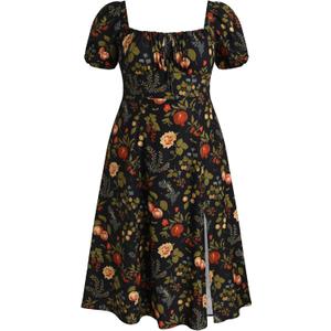 CIDER Plus Size Midi Dress Summer Fruit Patterned Square Neck Puff Sleeve Boho Vacation Casual Midi Dress for Curvy Women (2X, Multicolor)
