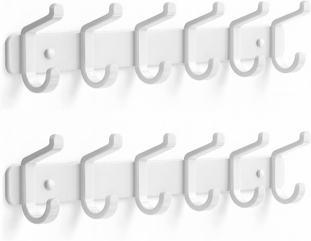 pickpiff Coat Rack Wall Mounted Heavy-Duty: Metal Coat Hanger 6 Hooks for Hanging Hat, Clothes, Robe, Keys, Backpack, Bathroom Towels, Jacket, Purse - Closet, Door, Entryway, Mudroom (White, 2 Pack)