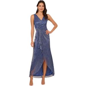 Adrianna Papell Women's Metallic Mesh Cascade Gown (14, Light Navy)