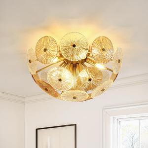 Semi Flush Mount Ceiling Light, 8-Light 20inch Gold Crystal Chandeliers Modern Ceiling Light Fixtures Farmhouse Floral Chandeliers for Living Dining Room Bedroom Entryway Foyer, D20 inch
