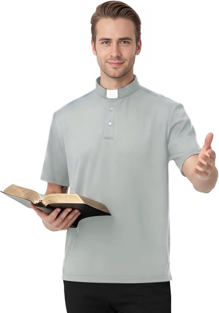 Men's Clergy Tab Collar Polo Shirt Short Sleeve Pastor Minister Preacher Shirt (Gray)