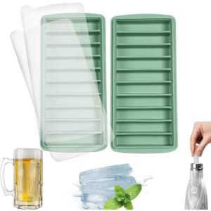 LessMo 2 PCS Ice Cube Tray, Long Ice Stick Tray Silicone with Lid, Rectangular Narrow Stick, Reusable, Flexible, Easy Release, for Small Mouth Sport Bottles, Juice Bottles, Cocktail Parties, Blue (Green)