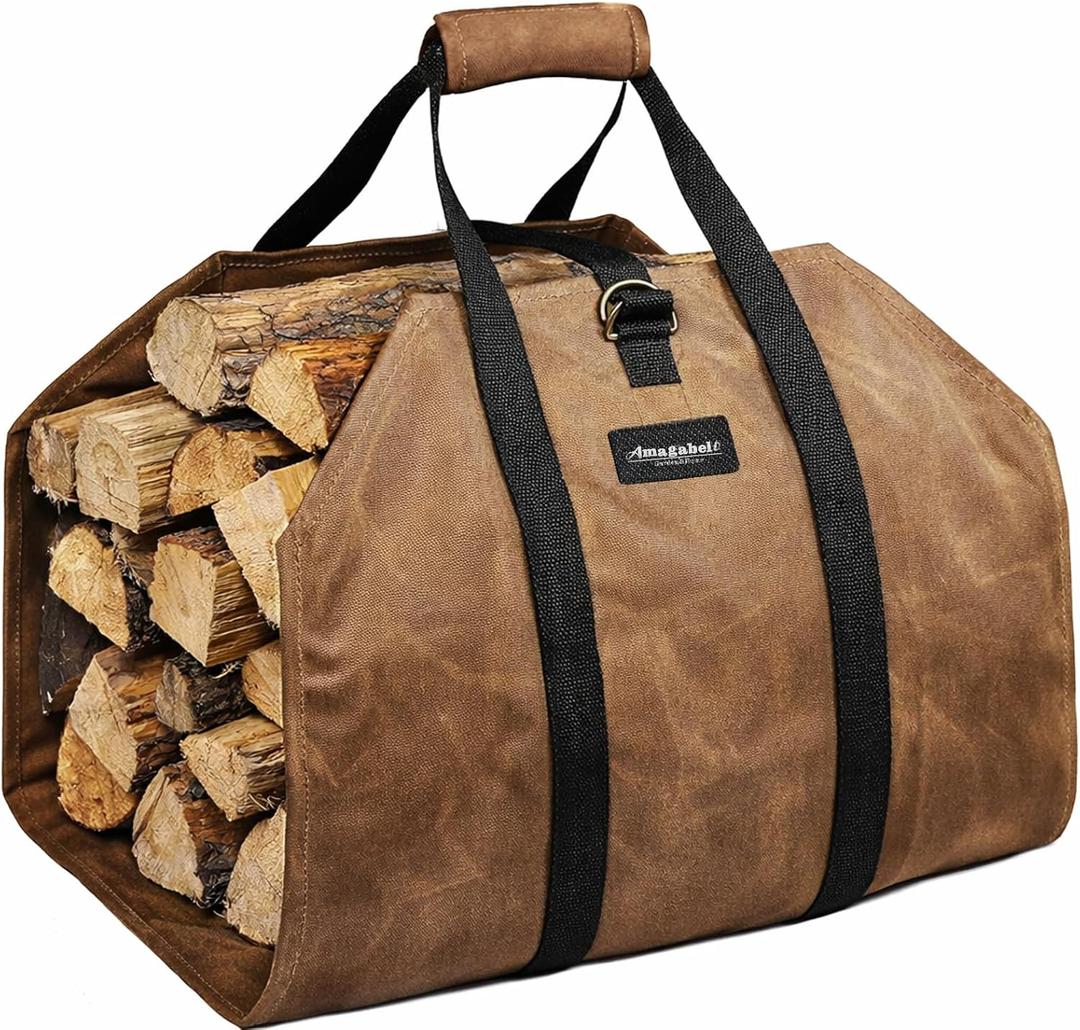 AMAGABELI GARDEN & HOME Firewood Carrier Waxed Canvas Firewood Bag Heavy Duty Large Fireplace Carrier Durable Log Tote Fire Wood Carring Bag with Handles Wood Sling Holder Cabin Stove Accessories