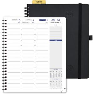 POPRUN 2025-2026 Weekly Planner 7.25'' x 8.25''Academic Spiral Appointment Book (July 2025-June 2026) with Quarter-Hourly Schedule, Monthly Tabs, Leather Softcover, Inner Pocket - Black