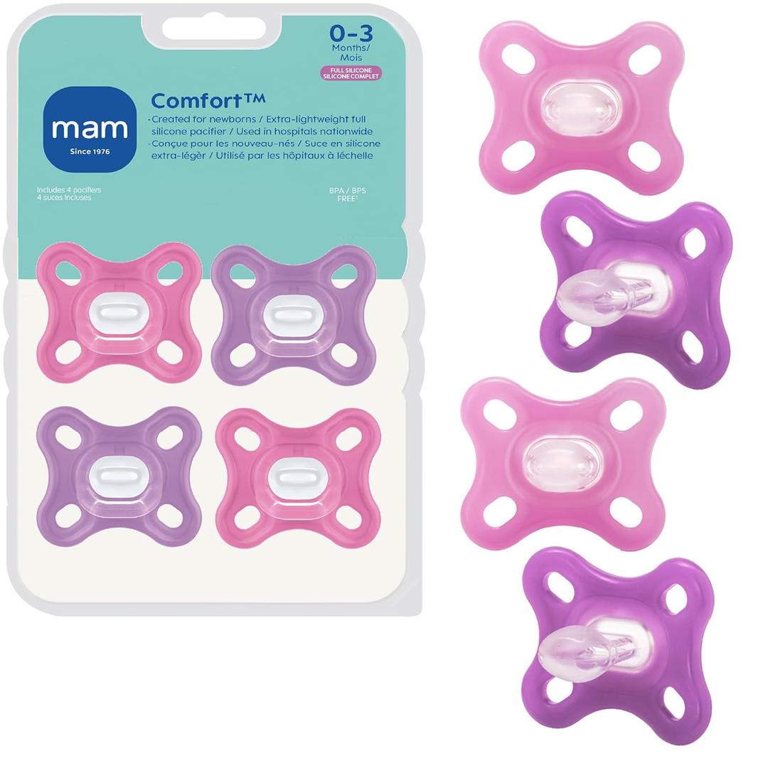 MAM Comfort Baby Pacifiers 0-3 Months Newborns, Lightweight One-Piece Full Silicone Binky, BPA-Free Nipple, Easy to Clean Pacifier, Best for Breastfed Babies, 4 Count, Sterilizer Case, Made in Europe (Pink Blossom/Purple Lavender)