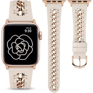 Minyee Leather Band Compatible with Apple Watch Bands 38/40/41/42/44/45/46/49mm Women, Dressy Premium Leather Strap with Stainless Steel Metal Chain for iWatch Series 11 10 9 8 7 6 5 4 SE/Ultra 3 2 1 (Starlight/Rose Gold)