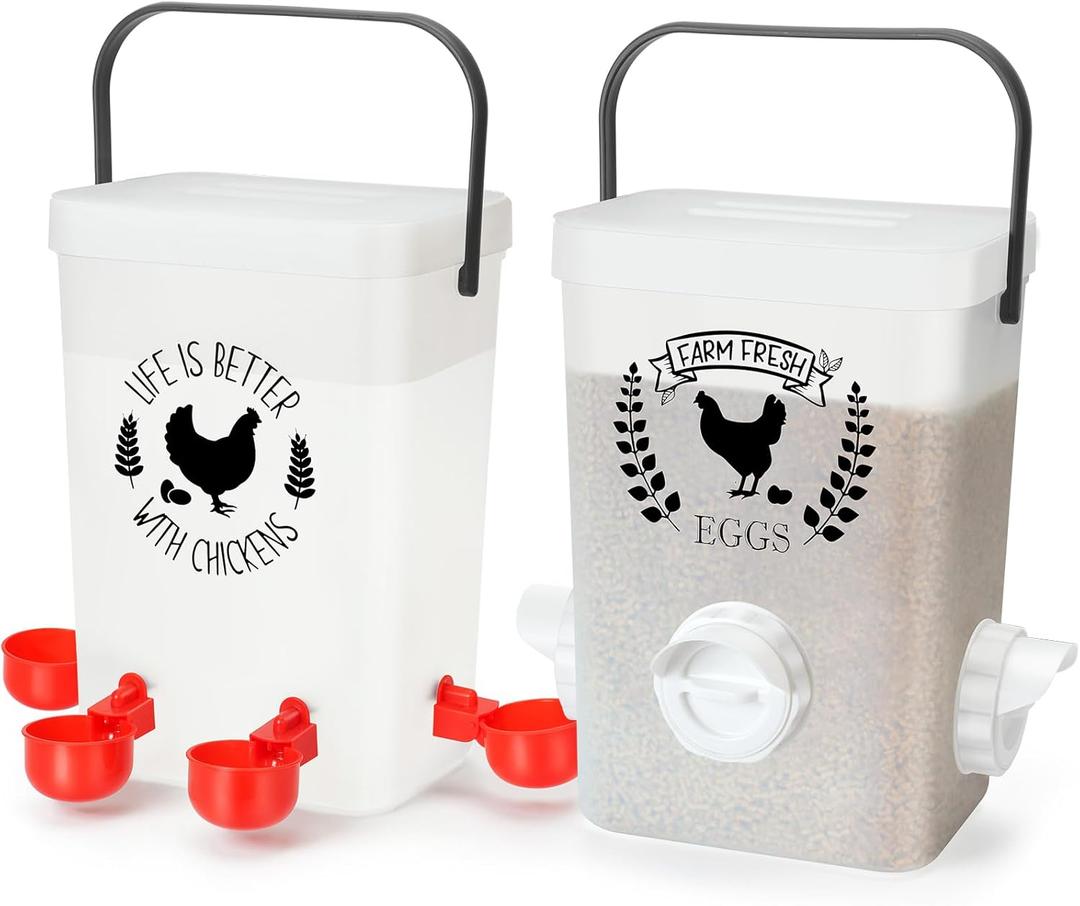 Tgeyd Chicken Feeder and Waterer Set (3 Gal/15 Lb) Hanging Automatic Poultry Feeder, No-Waste, Chicken Accessories for Chicken Coop and Run
