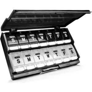 Extra Large Weekly Pill Organizer 2 Times a Day - Remtise Am/Pm Daily Pill Case Medicine Organizer, Push Button 7 Day Pill Box for Pills/Vitamin/Cod Liver Oil/Supplements (Black & White)