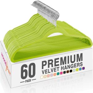 HOUSE DAY Vibrant Green Velvet Hangers 60 Pack, Non Slip Clothes Felt Hanger Heavy Duty for Coat, Premium Slim Space Saving Suit Hangers for Closet Organizer, 360 Rotating Silver Hook