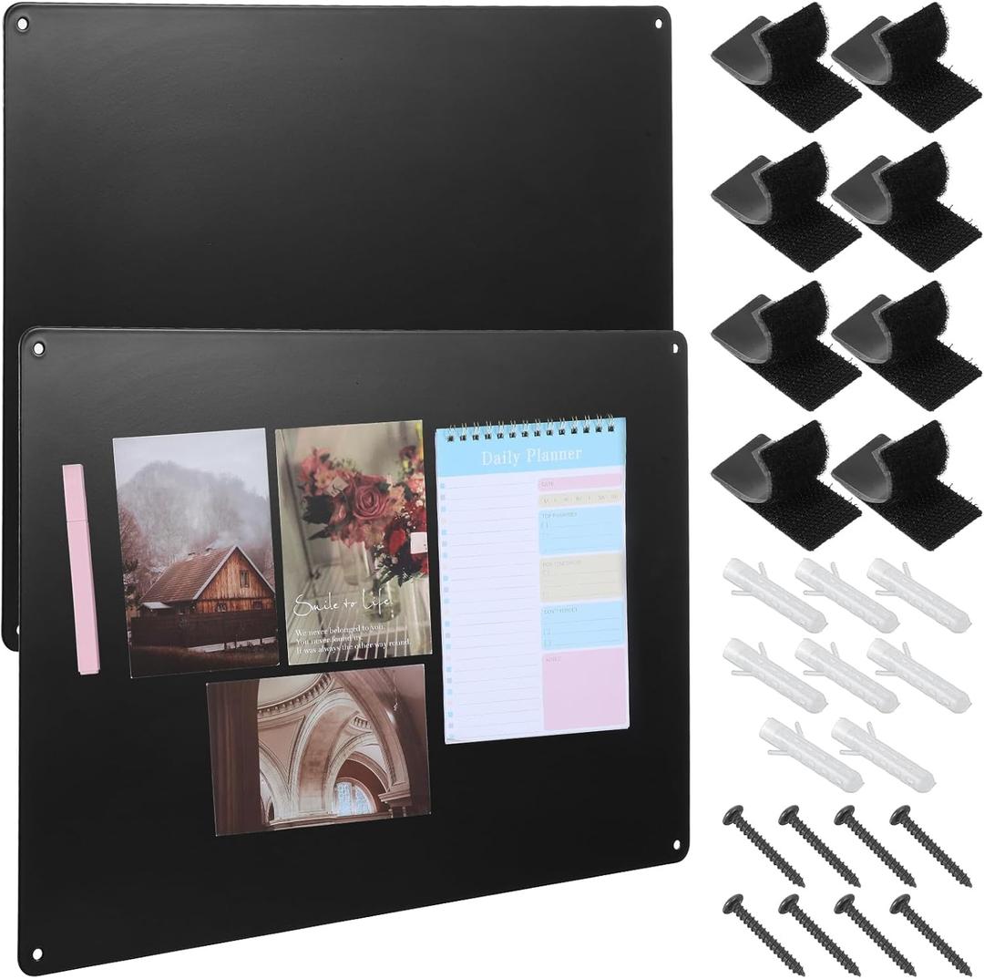 2 Pack Black Metal Magnetic Board, 16.9" x 11.8" Magnet Bulletin Board for Wall, Refrigerator, Cabinet to Display Magnetic Letters, Notes, Photos - Includes 8 Pcs Double Lock Tape and Screws