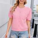 Newshows Womens Summer Cardigan Sweaters Lightweight Short Sleeve Button Down Shirts Ribbed Knit Blouse Tops 2024 Trendy (Pink, S)