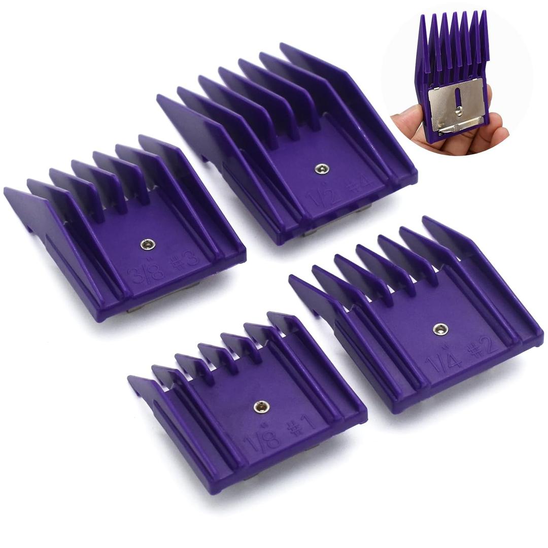 4 Pieces Professional A5-Style Animal Clipper Attachment Guard Guide Cutting Combs Set 76926-900, 1/8", 1/4", 3/8", 1/2", Compatible with Oster Classic 76 A5 Andis AG BG Wahl KM Pet Groomers (Purple)