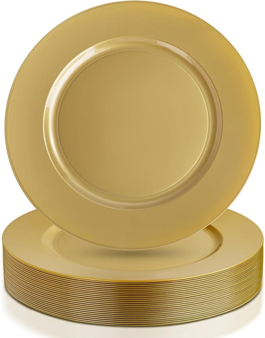 WDF 12Inch Plastic Charger Plates - 25Pack Gold Charge for Dinner - Disposable Gold Charge Plates - Perfect for Dinner/Wedding Party/Elegant Tabletop Decor