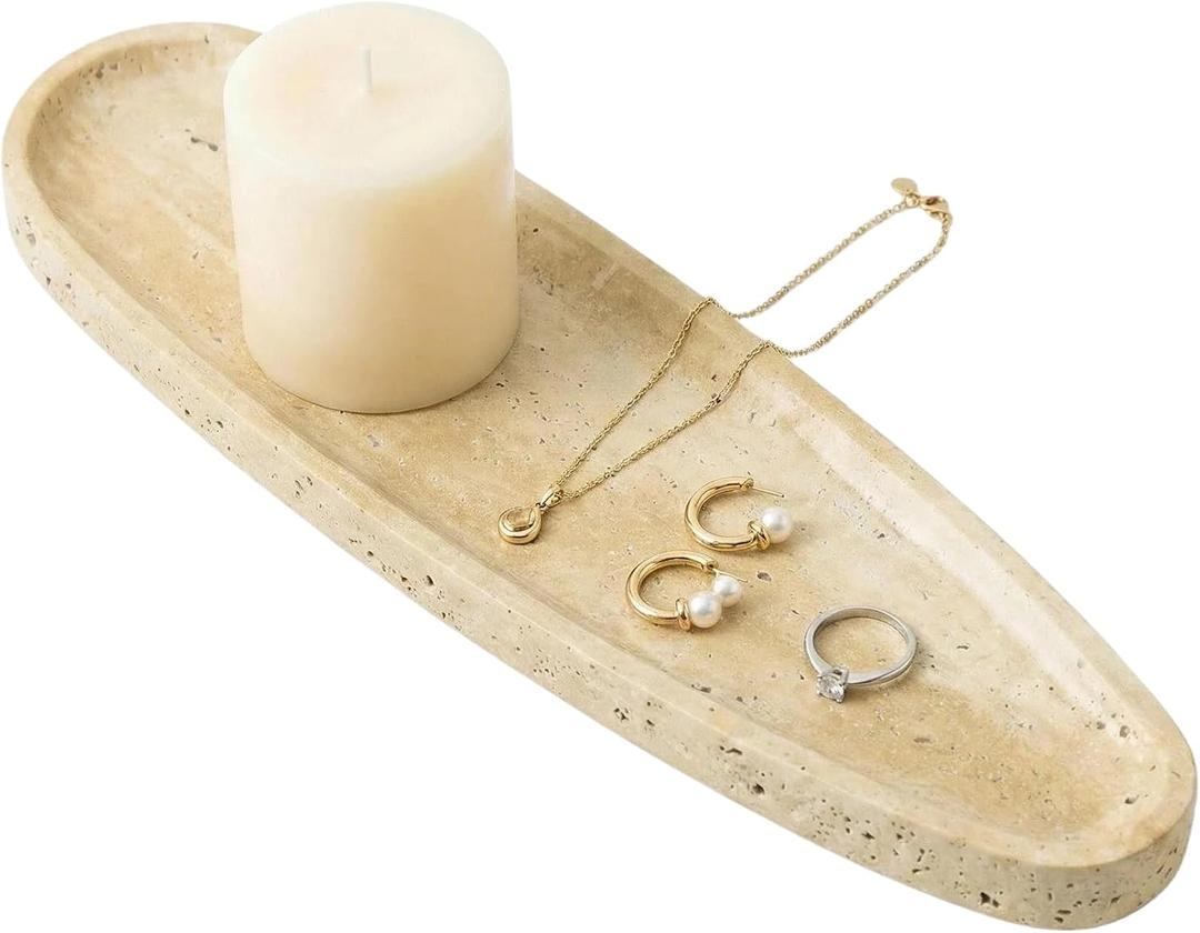 Natural Travertine Vanity Tray, 16.6"x4.6" Real Marble Decorative Tray for Bathroom Countertop & Home Decor, Catchall Organizer for Jewelry, Candles, Cosmetics & PerfumeTravertine