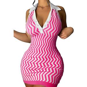 Ryehack Womens Summer Halter Mini Dress Backless Sundress Striped V Neck Bodycon Beach Vacation Sexy Birthday Club Outfits (Medium, Pink)
