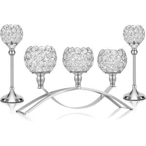 Silver Crystal Candle Holders Decorative Arch Candelabra 3-Arm Candlesticks Holder & 2 Glass Holders Table Centerpiece, Wedding, Party, Anniversary