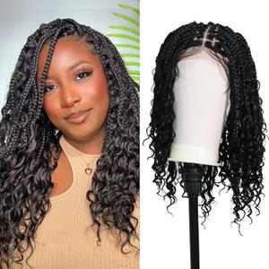 18" Boho Knotless Box Braided Wigs Full Double Lace Short Braid Wig for Black Women Lace Frontal Human Hair Blended Braided Wig with Boho Curls Lace Front Braids Wigs with Baby Hair (Black)